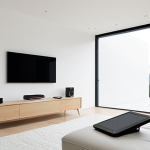 A serene, minimalist living space bathed in soft natural light. On a sleek, uncluttered surface, a single e-reader and a remote control symbolize the absence of physical books, CDs, or DVDs. A large, clean TV screen displays a streaming service interface, emphasizing digital content consumption. The overall impression is one of spaciousness, freedom, and modern simplicity achieved through cloud services and smart technology. *Visual style: High key lighting, clean modern interior design, sense of calm.*