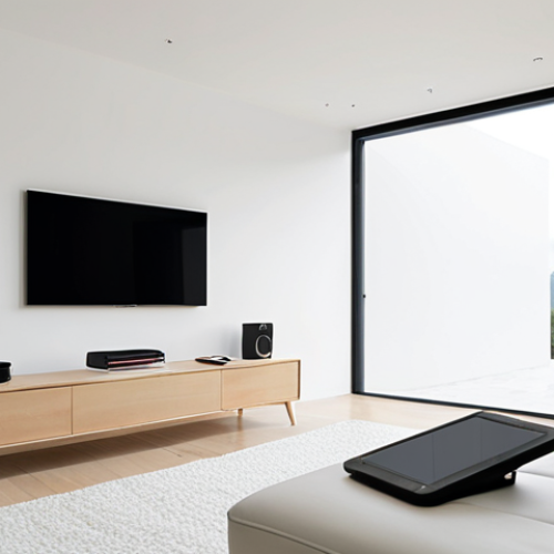 Home 16 A serene, minimalist living space bathed in soft natural light. On a sleek, uncluttered surface, a single e-reader and a remote control symbolize the absence of physical books, CDs, or DVDs. A large, clean TV screen displays a streaming service interface, emphasizing digital content consumption. The overall impression is one of spaciousness, freedom, and modern simplicity achieved through cloud services and smart technology. *Visual style: High key lighting, clean modern interior design, sense of calm.*
