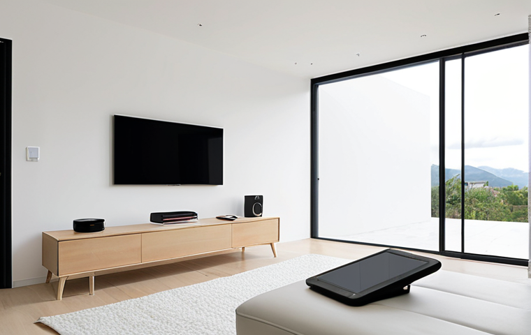 A serene, minimalist living space bathed in soft natural light. On a sleek, uncluttered surface, a single e-reader and a remote control symbolize the absence of physical books, CDs, or DVDs. A large, clean TV screen displays a streaming service interface, emphasizing digital content consumption. The overall impression is one of spaciousness, freedom, and modern simplicity achieved through cloud services and smart technology. *Visual style: High key lighting, clean modern interior design, sense of calm.*