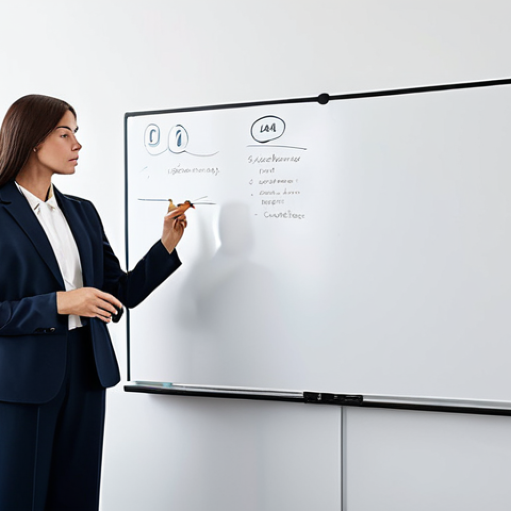 A focused professional marketing strategist, a woman in a modest business blazer and tailored trousers, standing thoughtfully in a modern, minimalist office. She is looking at a large, clear whiteboard where a very simple, elegant brand logo concept is sketched, emphasizing core values with clean lines. Her posture is natural, suggesting deep concentration on distillation of ideas. The office features sleek, unadorned furniture and soft, diffused lighting, creating an atmosphere of clarity and strategic thinking. fully clothed, appropriate attire, modest clothing, professional dress, safe for work, appropriate content, professional, perfect anatomy, correct proportions, natural pose, well-formed hands, proper finger count, natural body proportions.