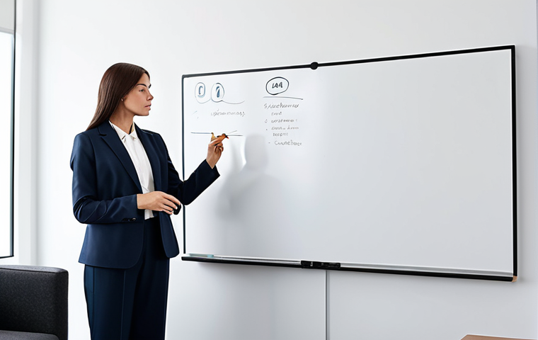 A focused professional marketing strategist, a woman in a modest business blazer and tailored trousers, standing thoughtfully in a modern, minimalist office. She is looking at a large, clear whiteboard where a very simple, elegant brand logo concept is sketched, emphasizing core values with clean lines. Her posture is natural, suggesting deep concentration on distillation of ideas. The office features sleek, unadorned furniture and soft, diffused lighting, creating an atmosphere of clarity and strategic thinking. fully clothed, appropriate attire, modest clothing, professional dress, safe for work, appropriate content, professional, perfect anatomy, correct proportions, natural pose, well-formed hands, proper finger count, natural body proportions.