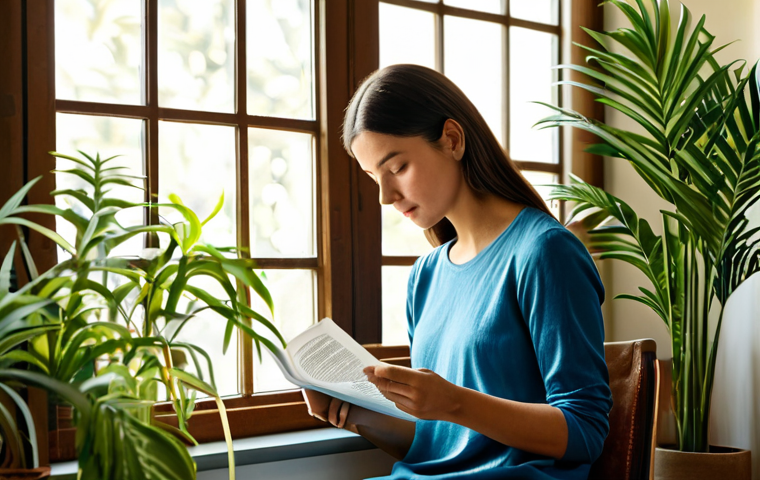 **

"A woman fully clothed in comfortable attire, peacefully reading a paper book in a sunlit room, surrounded by plants, a cozy atmosphere, safe for work, appropriate content, perfect anatomy, natural proportions, professional, family-friendly, well-formed hands, proper finger count, natural pose."

**