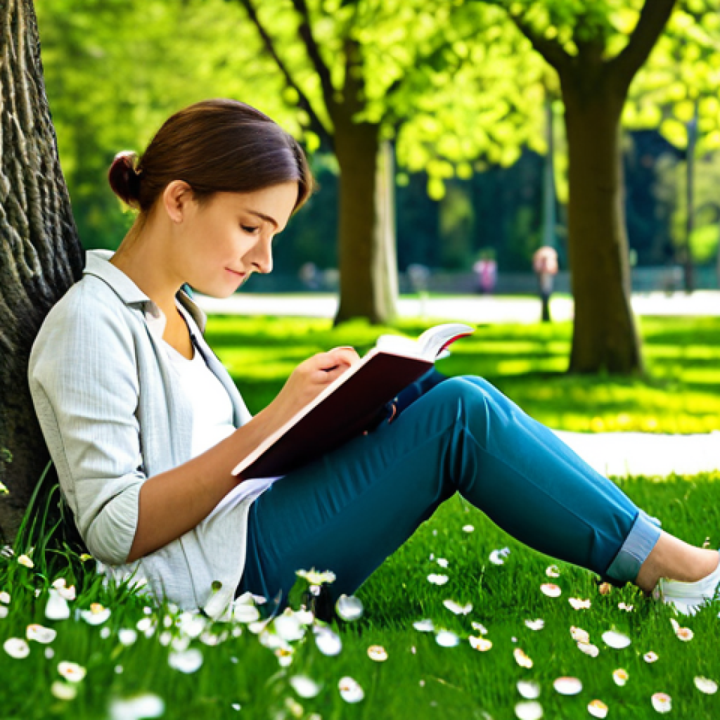 미니멀 디지털 라이프를 위한 목표 설정 - **Prompt:** A person writing in a journal in a sunlit park, surrounded by green trees and blooming f...