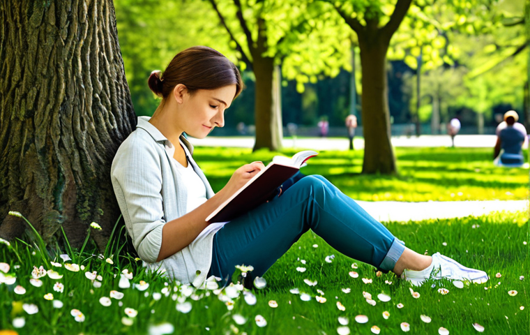 미니멀 디지털 라이프를 위한 목표 설정 - **Prompt:** A person writing in a journal in a sunlit park, surrounded by green trees and blooming f...