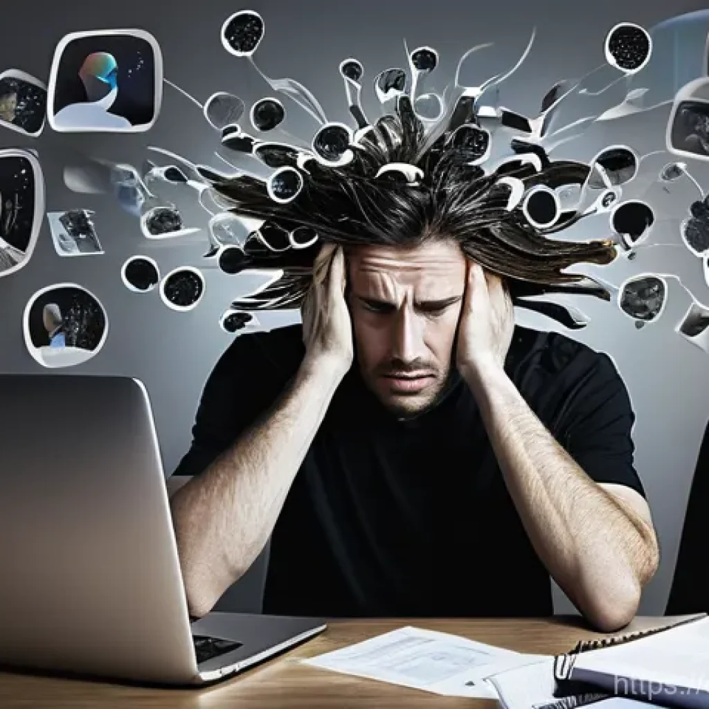 중복 파일 제거 및 관리 방법 - **Prompt:** A visually overwhelmed and frustrated person, in their late 20s to early 30s, sitting in...