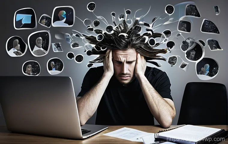 중복 파일 제거 및 관리 방법 - **Prompt:** A visually overwhelmed and frustrated person, in their late 20s to early 30s, sitting in...