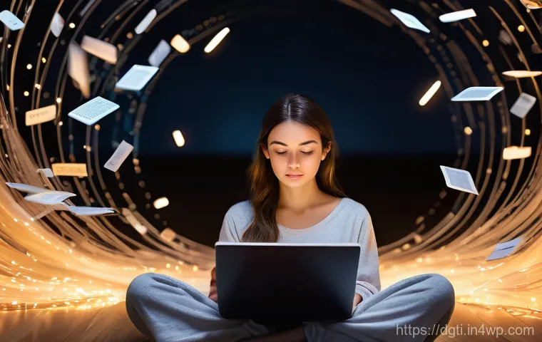 디지털 미니멀리즘을 위한 독서 목록 - A woman in her late 20s, wearing comfortable, modest loungewear, sits amidst a swirling vortex of gl...