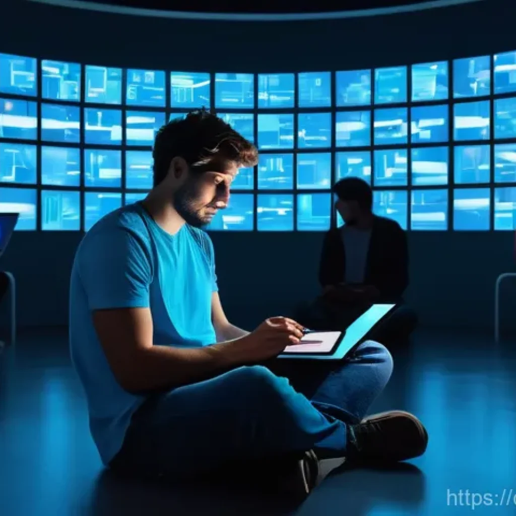 미니멀 디지털 라이프의 실천을 위한 계획 - A young adult, looking exhausted with tired eyes, sits amidst a chaotic array of glowing digital scr...