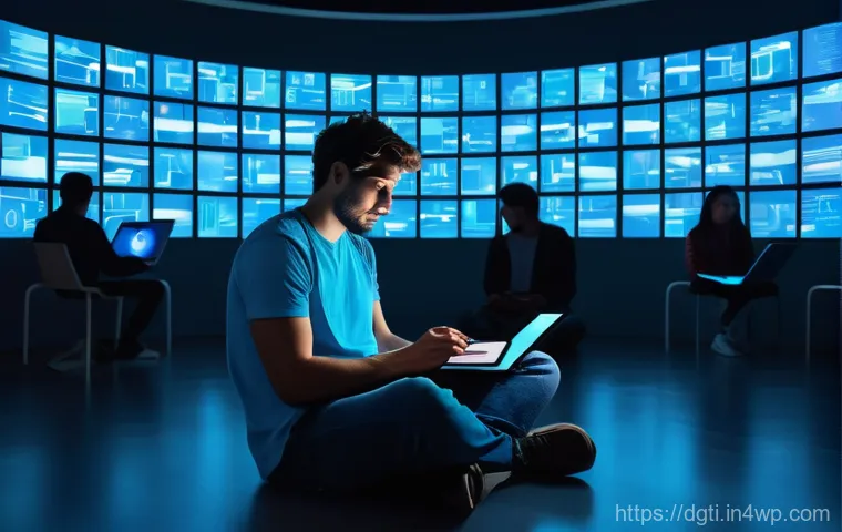 미니멀 디지털 라이프의 실천을 위한 계획 - A young adult, looking exhausted with tired eyes, sits amidst a chaotic array of glowing digital scr...