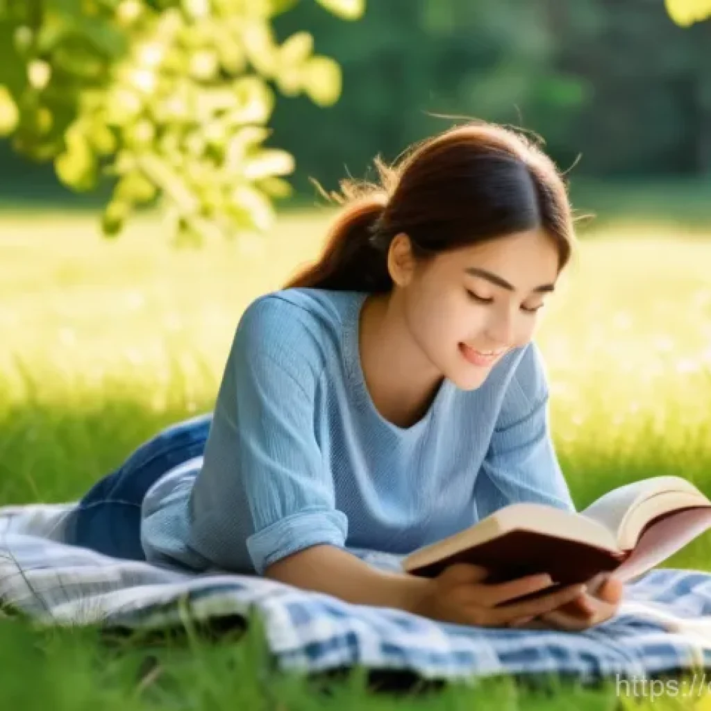 소셜 미디어에서의 시간 관리 비법 - A serene park scene in warm afternoon sunlight. A young woman, appearing to be around 20 years old, ...