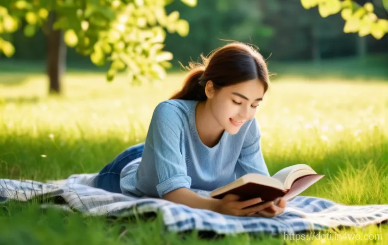 소셜 미디어에서의 시간 관리 비법 - A serene park scene in warm afternoon sunlight. A young woman, appearing to be around 20 years old, ...