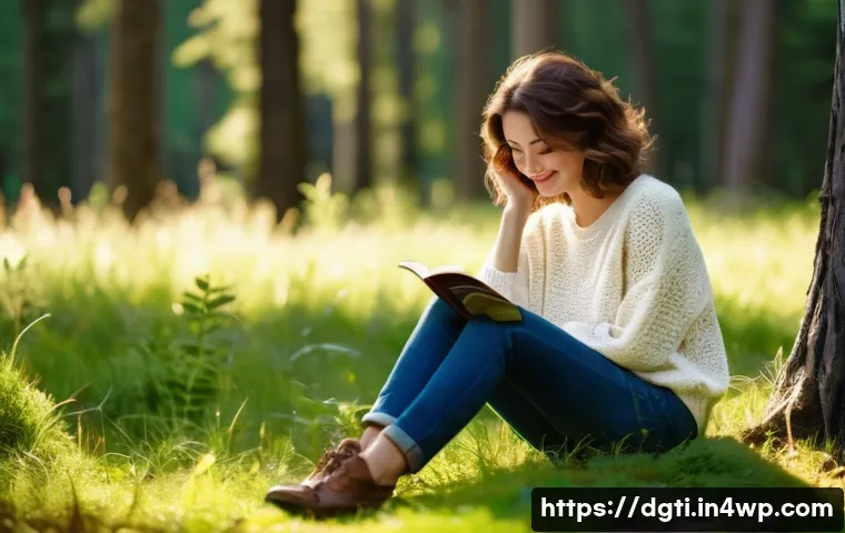 디지털 라이프에서의 정보 과부하 해결법 - **Prompt 1: Serene Digital Detox in Nature**
    A young woman in her late 20s, with short, wavy bro...