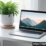 Home 19 디지털 미니멀리즘의 과거 현재 미래 - A serene, modern workspace illustrating digital minimalism: a clean desk with a single sleek laptop,...