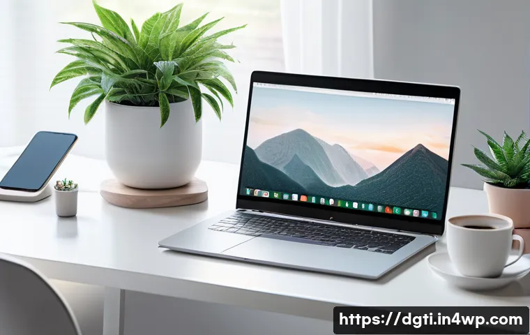 디지털 미니멀리즘의 과거 현재 미래 - A serene, modern workspace illustrating digital minimalism: a clean desk with a single sleek laptop,...