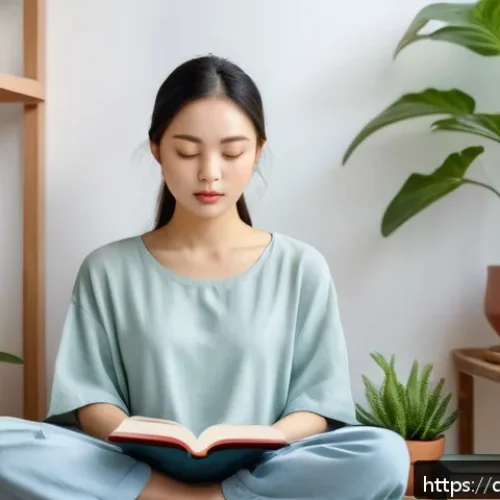 Home 29 디지털 디톡스의 심리적 이점 - A serene scene of a young woman sitting peacefully in a cozy, softly lit room, eyes closed and medit...