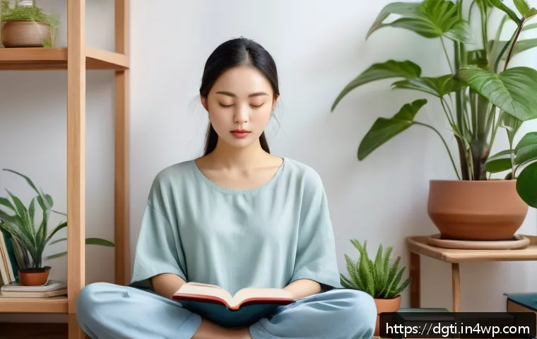 디지털 디톡스의 심리적 이점 - A serene scene of a young woman sitting peacefully in a cozy, softly lit room, eyes closed and medit...