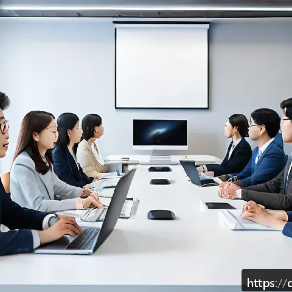 미니멀리즘을 적용한 가상 회의 팁 - A modern virtual meeting scene showing a small group of diverse professionals engaged in a focused v...