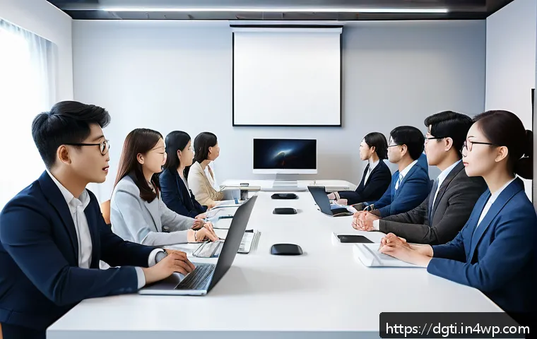 미니멀리즘을 적용한 가상 회의 팁 - A modern virtual meeting scene showing a small group of diverse professionals engaged in a focused v...